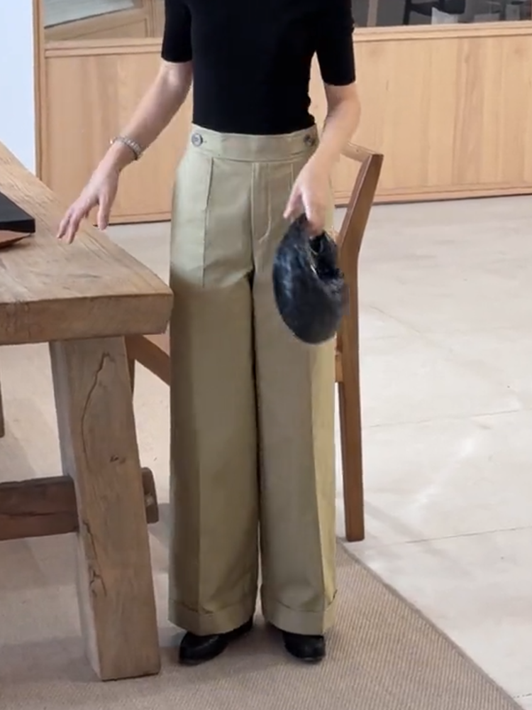 ベージュパンツ クラシカル ハイウエスト ワイドパンツ