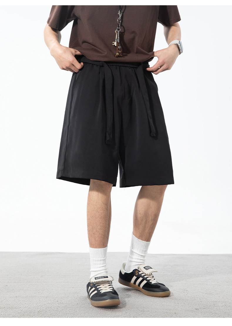 ベージュパンツ メンズ ベルト付きワイドショートパンツ 薄手五分丈