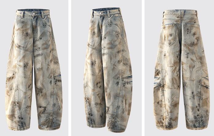 ベージュパンツ 絞り染めベージュワイドカーゴパンツ