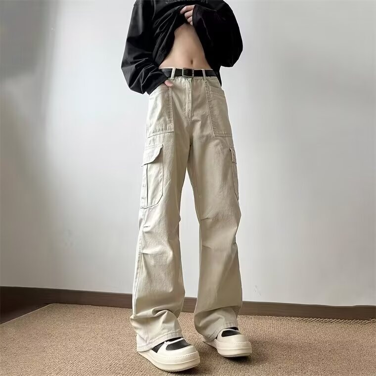 ベージュパンツ 実用的サイドポケット付きワイドパンツ