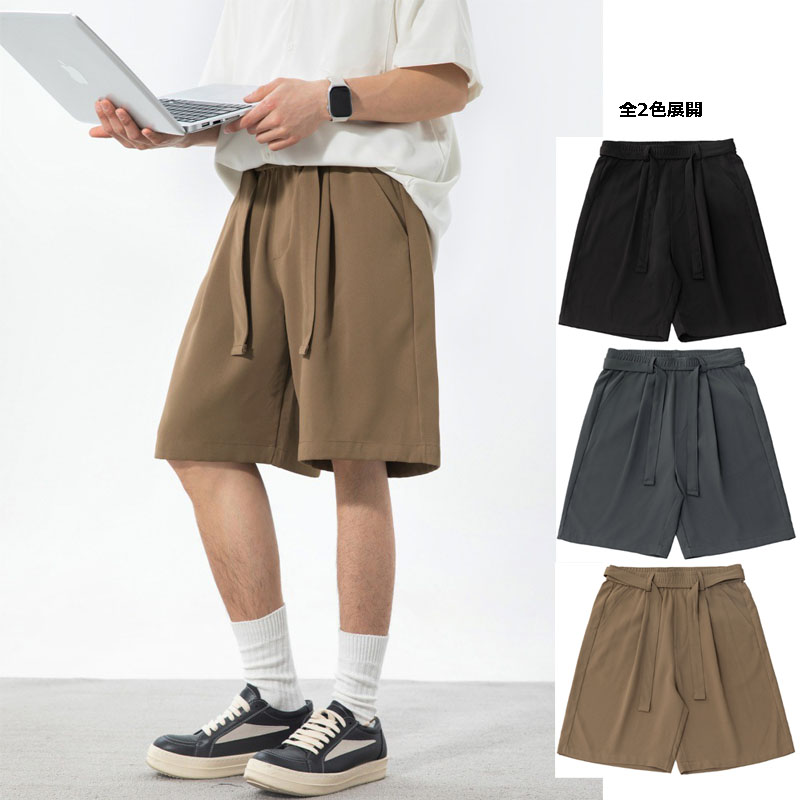 ベージュパンツ メンズ ベルト付きワイドショートパンツ 薄手五分丈