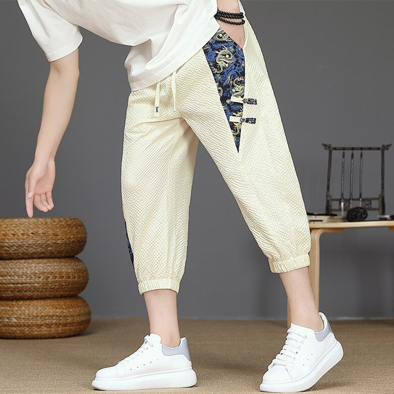 ベージュパンツ ベージュパンツ 和風デザイン七分丈チノパン