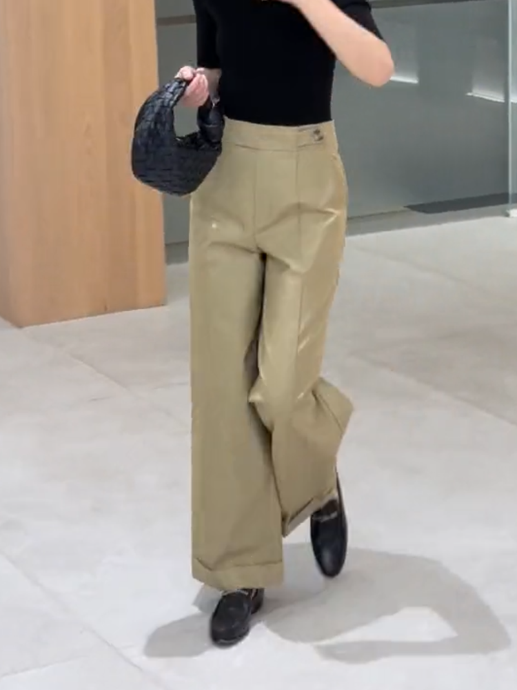 ベージュパンツ クラシカル ハイウエスト ワイドパンツ