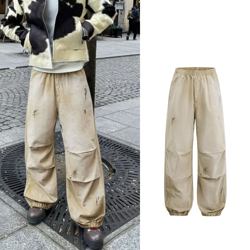 ベージュパンツ メンズ秋冬新作手描き加工パラシュートワークパンツ古着風