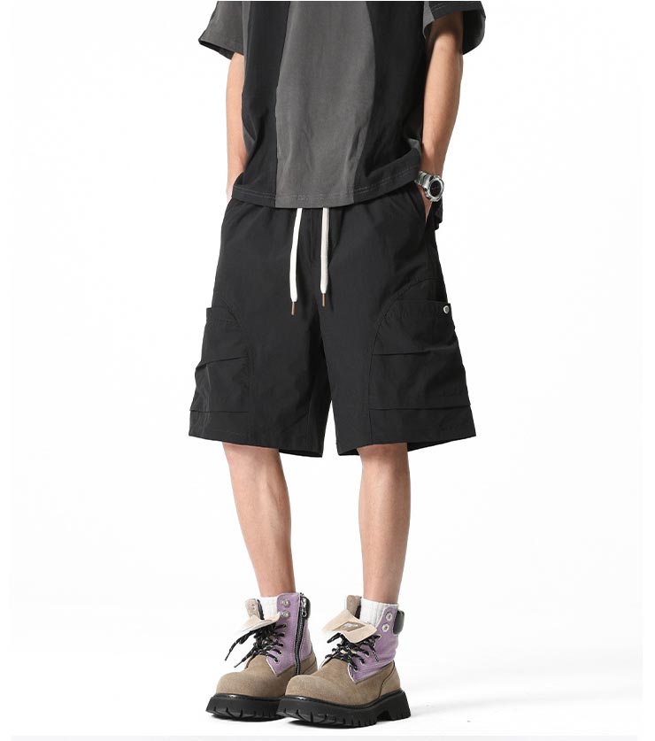 ベージュパンツ 男性用立体ポケットワイド五分丈カーゴパンツ