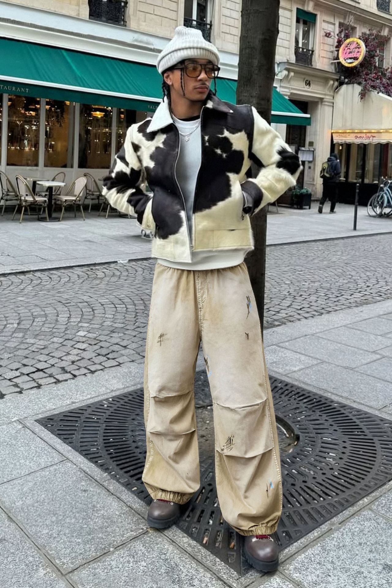 ベージュパンツ メンズ秋冬新作手描き加工パラシュートワークパンツ古着風