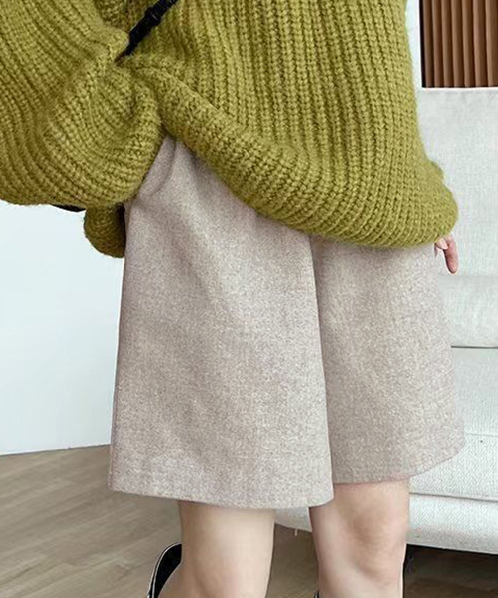 ベージュパンツ ウール風ワイドハーフパンツ５分丈ベージュ