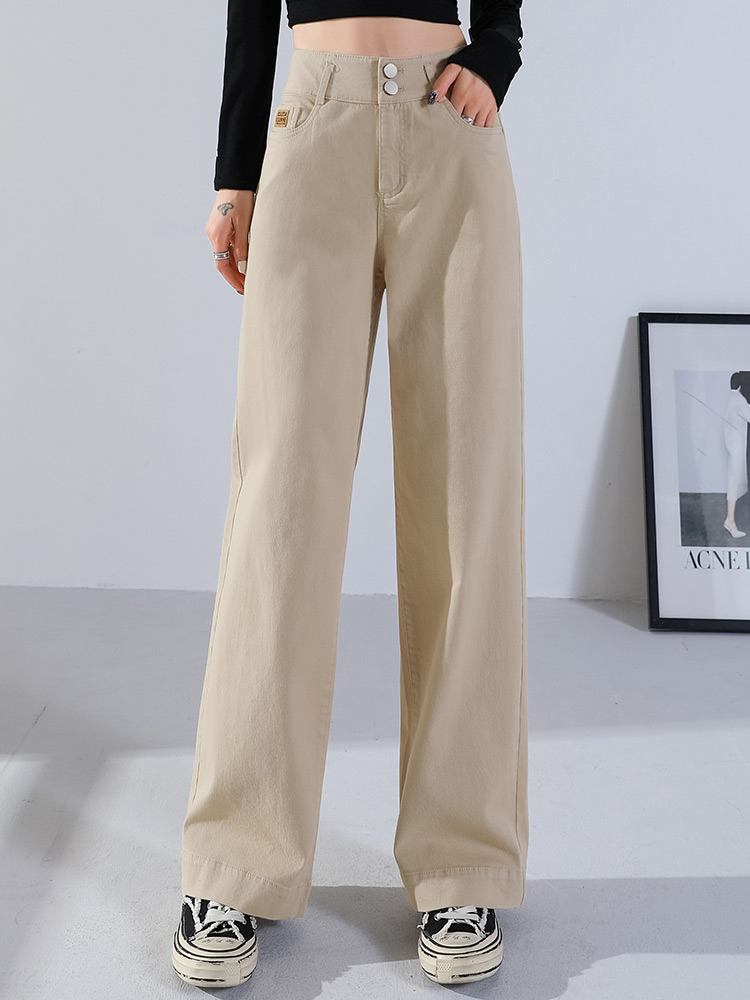 ベージュパンツ ダブルボタン ゆったりストレートパンツ