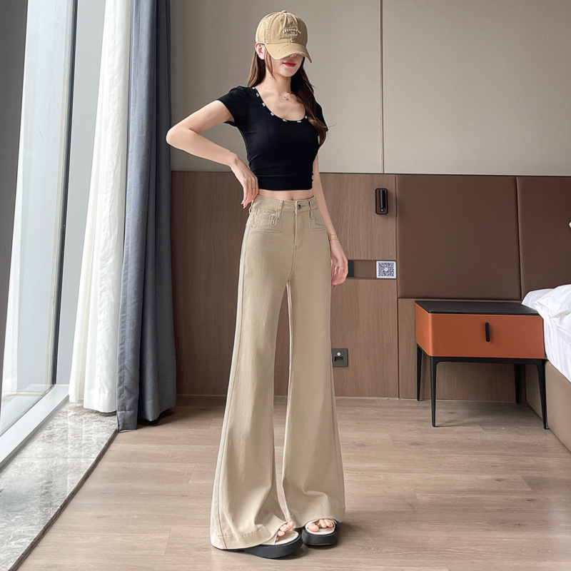 ベージュパンツ ハイウエストフレア美脚長パンツ