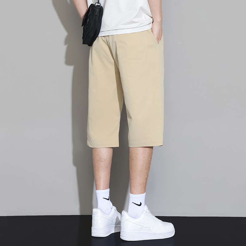 ベージュパンツ 調整紐付きゆったりフィット七分丈カーゴハーフパンツ