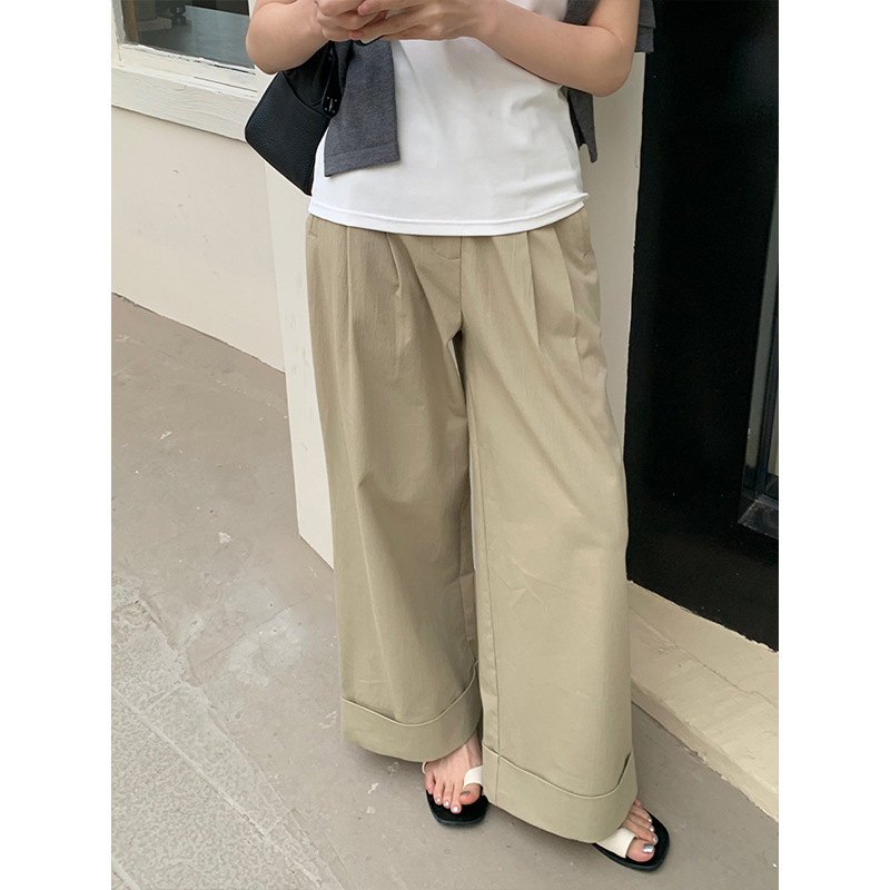 ベージュパンツ レディース ゆったりワイドプリーツパンツ