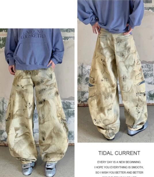 ベージュパンツ 絞り染めベージュワイドカーゴパンツ