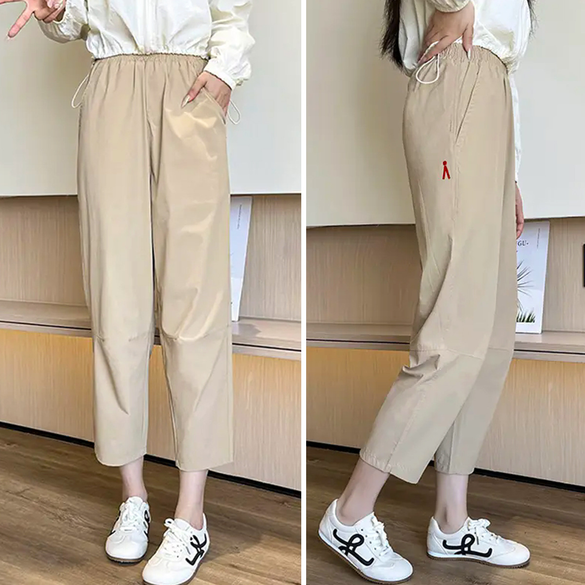 ベージュパンツ ゆったり楽ちん紐付きワイドパンツ