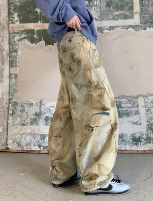 ベージュパンツ 絞り染めベージュワイドカーゴパンツ