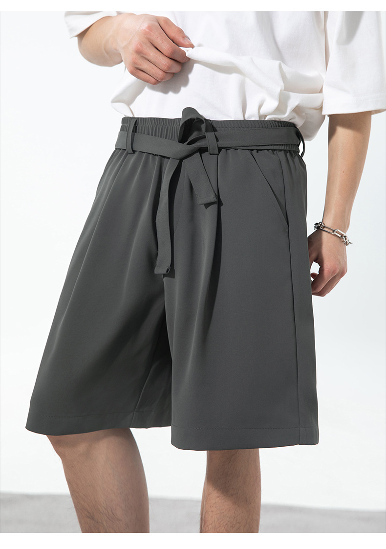 ベージュパンツ メンズ ベルト付きワイドショートパンツ 薄手五分丈