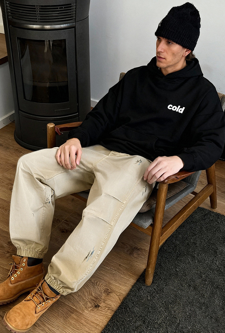 ベージュパンツ メンズ秋冬新作手描き加工パラシュートワークパンツ古着風