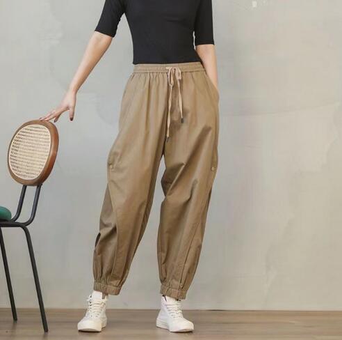 ベージュパンツ レディースハイウエストゆったりテーパードカーゴパンツ