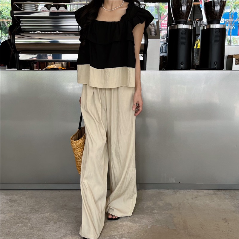 ベージュパンツ 春夏新作 ゆったり ブラウス ワイドパンツ セットアップ 高級感