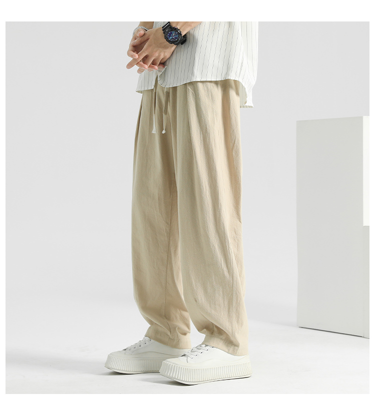 ベージュパンツ ゆったりリネン混ワイドパンツ