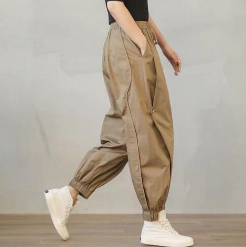 ベージュパンツ レディースハイウエストゆったりテーパードカーゴパンツ