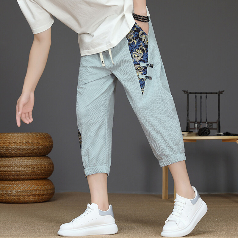 ベージュパンツ ベージュパンツ 和風デザイン七分丈チノパン