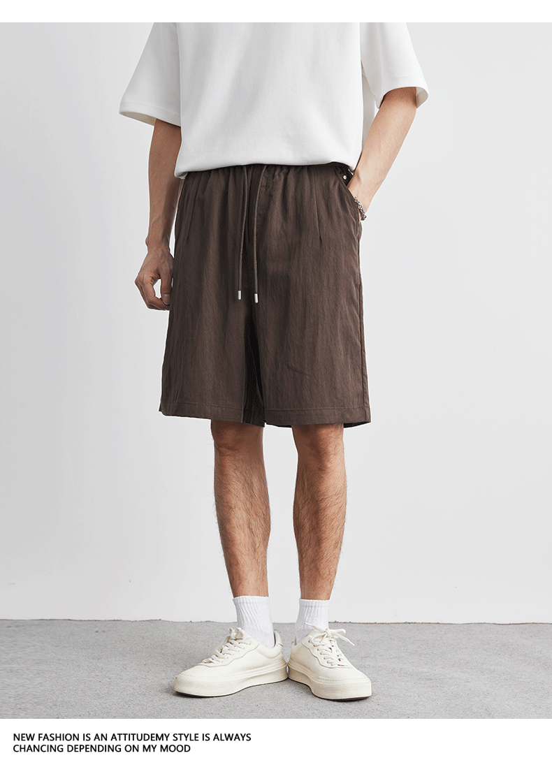 ベージュパンツ メンズ 薄手テンセル ワイドショートパンツ 夏用涼感ハーフパンツ