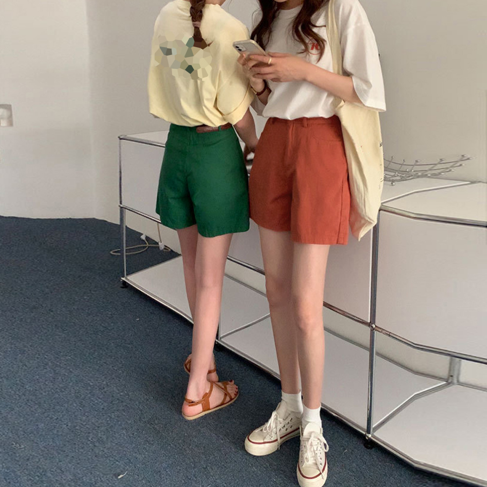 ベージュパンツ ハイウエスト カラーショートパンツ ベージュ