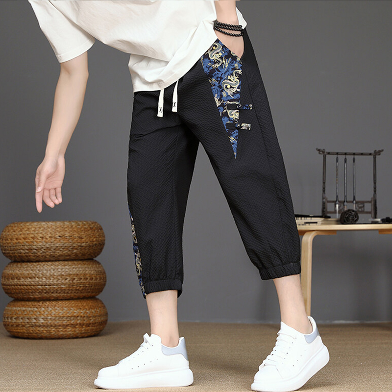 ベージュパンツ ベージュパンツ 和風デザイン七分丈チノパン