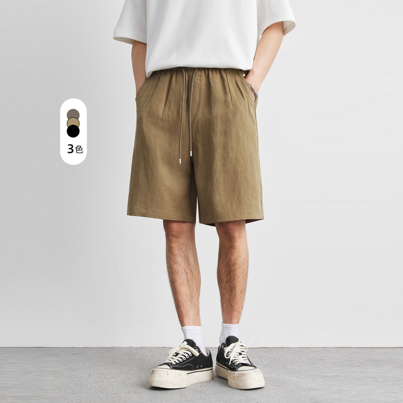 ベージュパンツ メンズ 薄手テンセル ワイドショートパンツ 夏用涼感ハーフパンツ