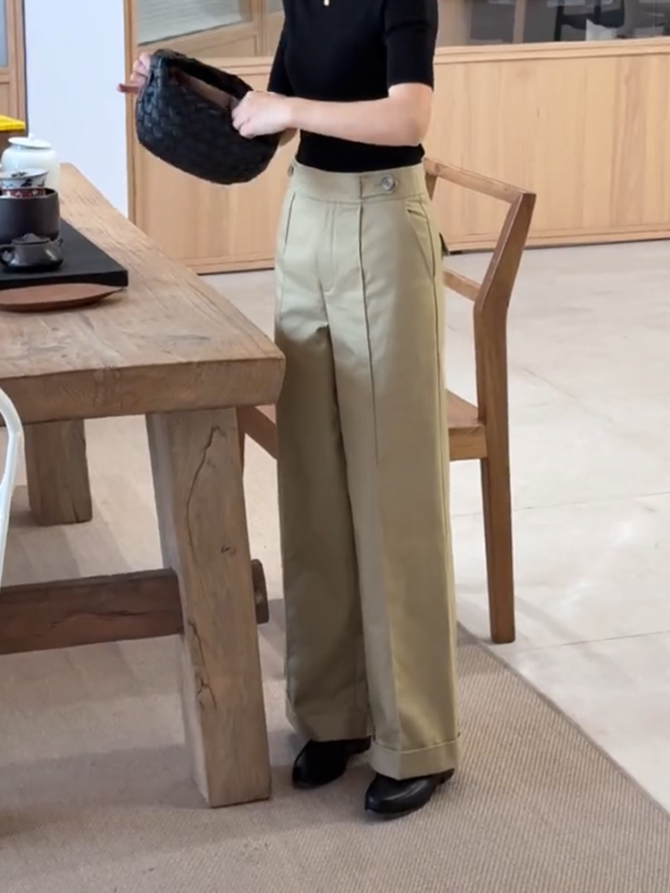 ベージュパンツ クラシカル ハイウエスト ワイドパンツ