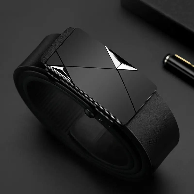 メンズベルト 幾何学模様バックル本革ビジネスベルト