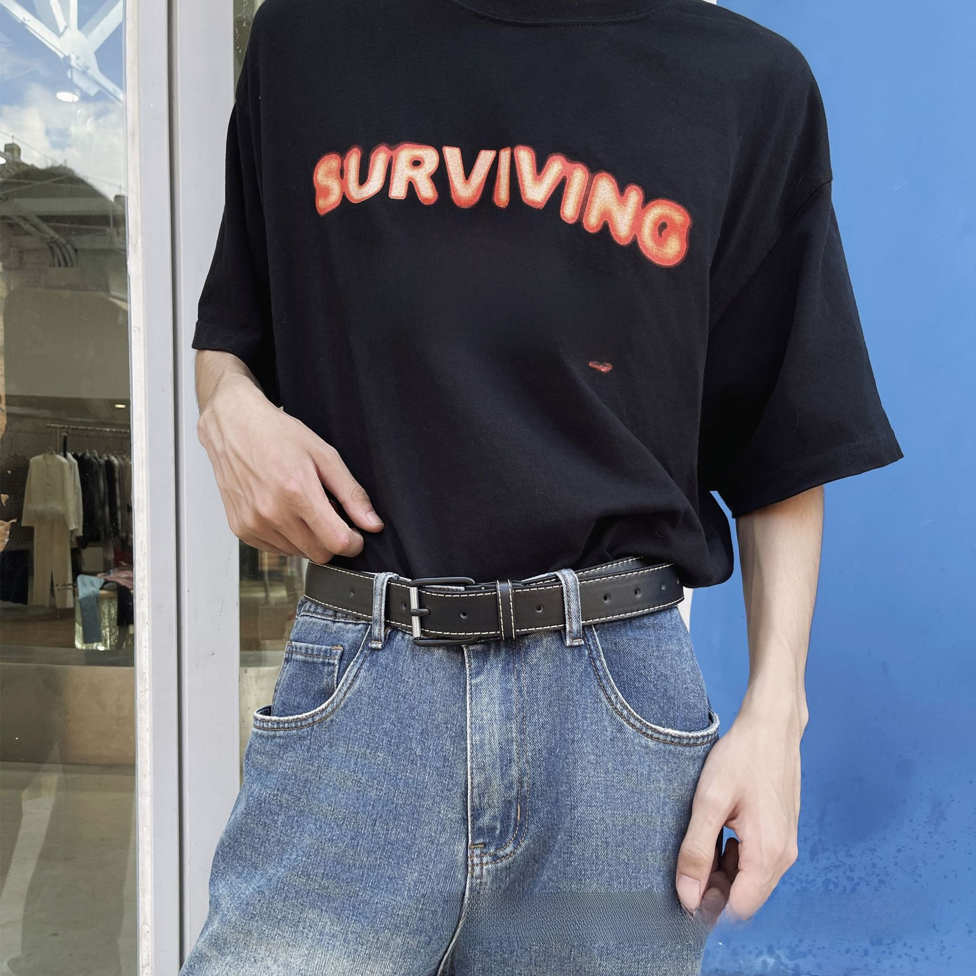 メンズベルト 本革製コントラストステッチデザインベルト