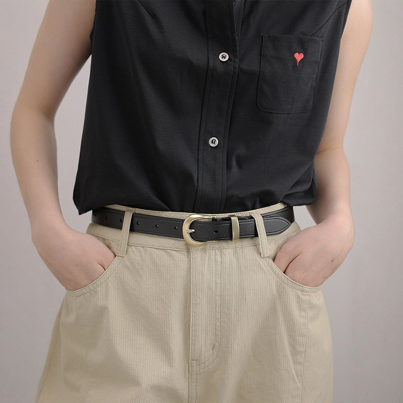 メンズベルト 本革シンプル細身バックル調整式メンズベルト