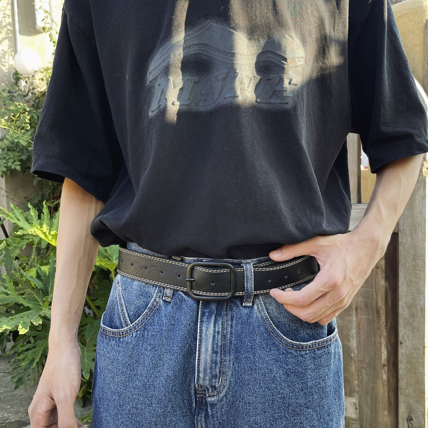 メンズベルト 本革製ダブルステッチカジュアルベルト