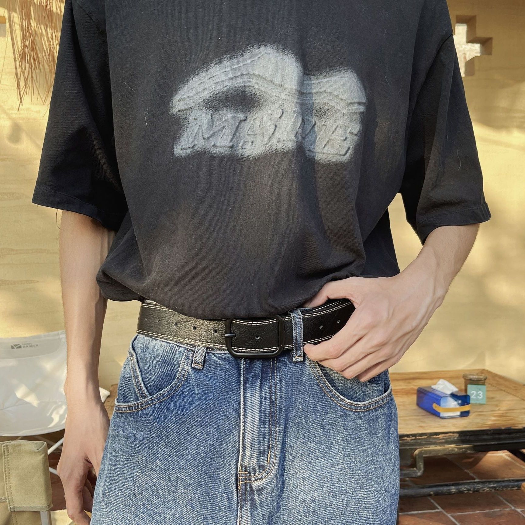 メンズベルト 本革製ダブルステッチカジュアルベルト