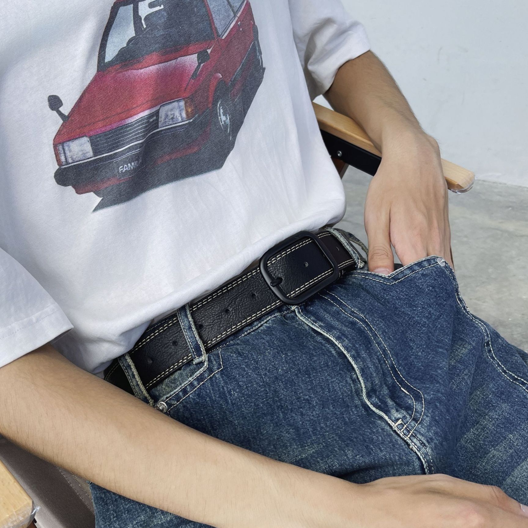 メンズベルト 本革製ダブルステッチカジュアルベルト