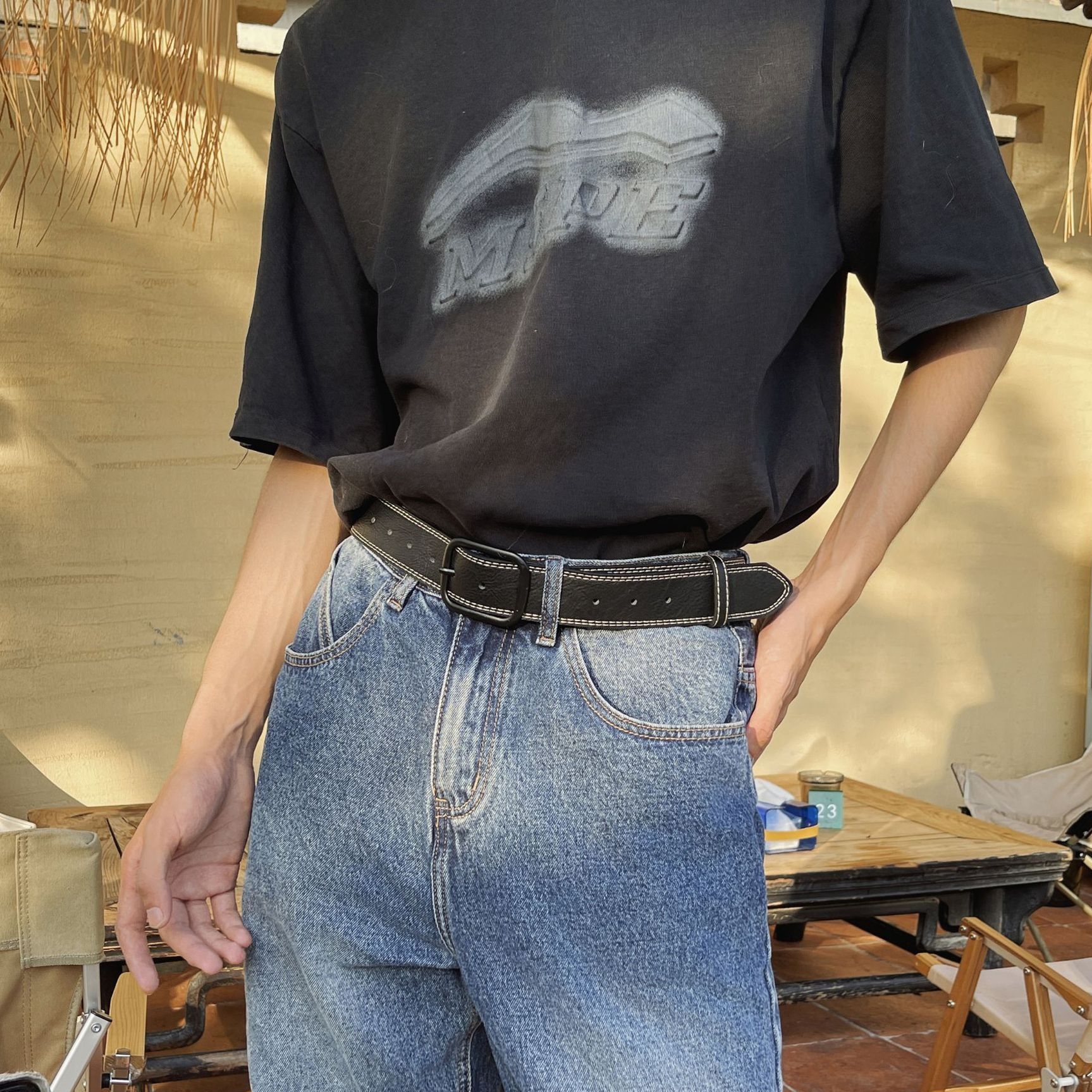 メンズベルト 本革製ダブルステッチカジュアルベルト