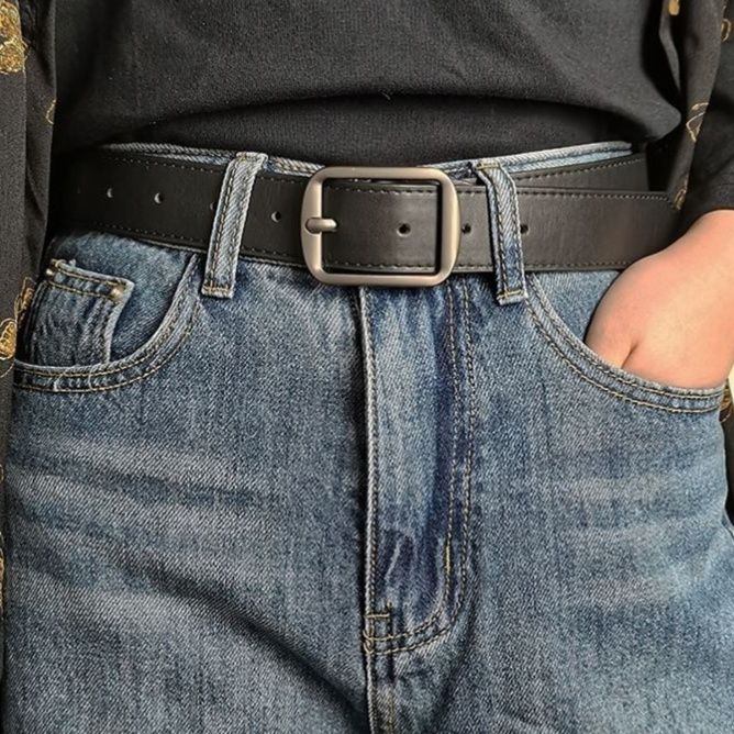 メンズベルト 本革角型バックル付きカジュアル紳士用ベルト