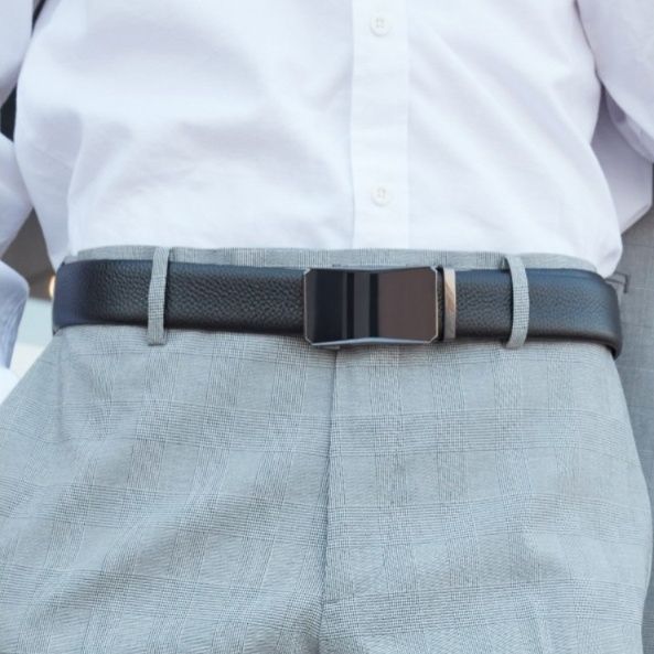 メンズベルト 本革型押しスライドバックル付きビジネスベルト