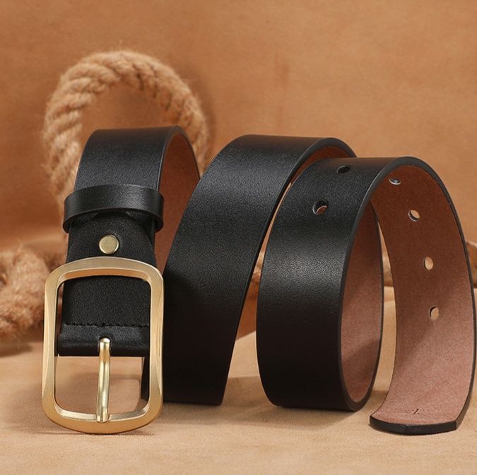 メンズベルト 真鍮製角型バックル本革ベルト