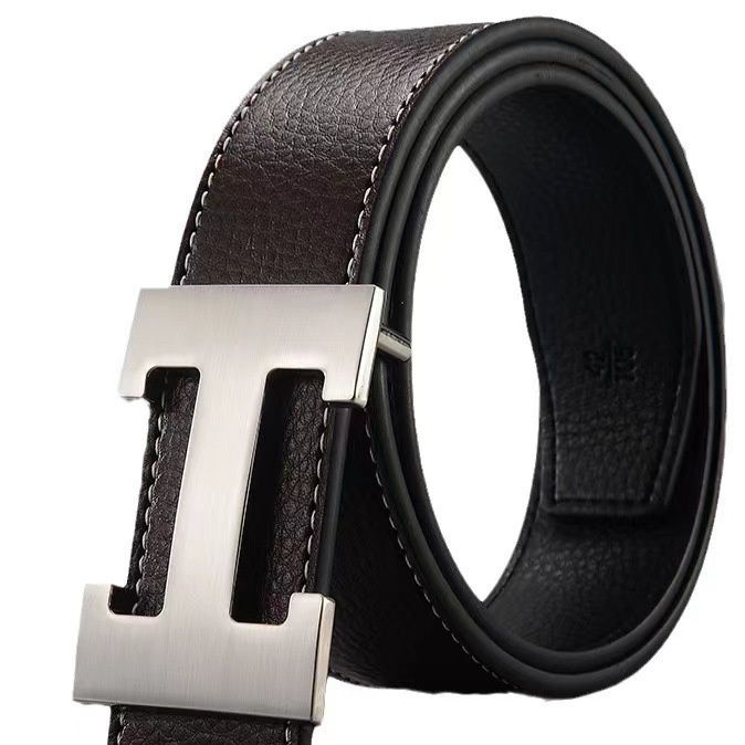 メンズベルト 本革大型バックル付きステッチデザインメンズベルト