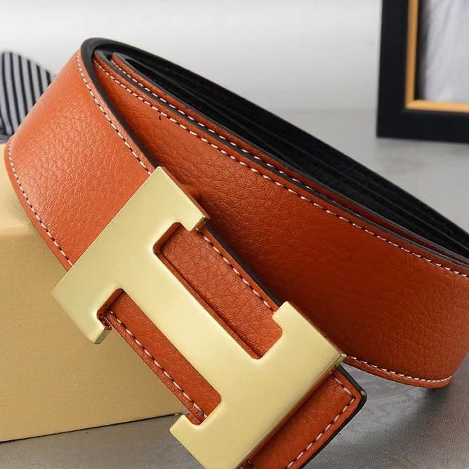 メンズベルト 本革大型バックル付きステッチデザインメンズベルト