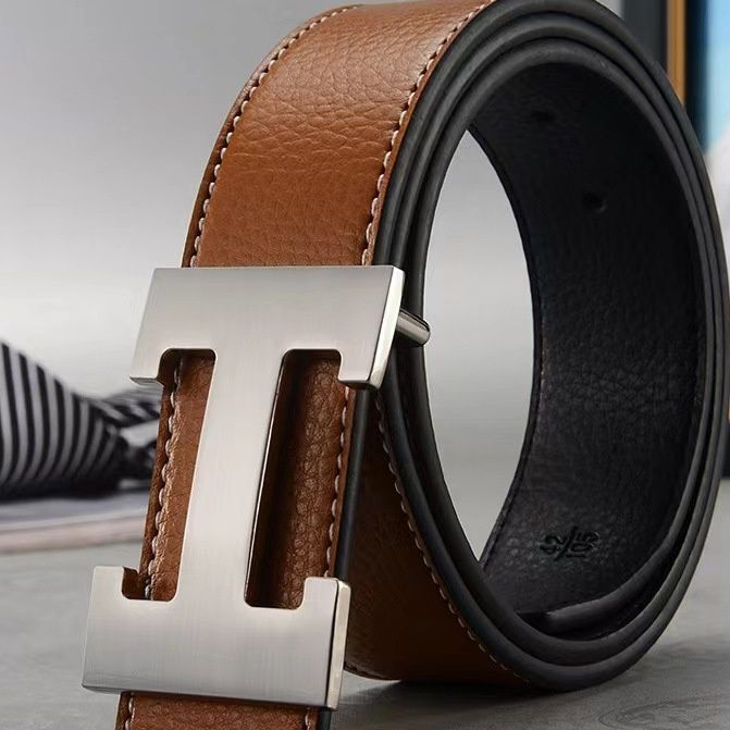 メンズベルト 本革大型バックル付きステッチデザインメンズベルト