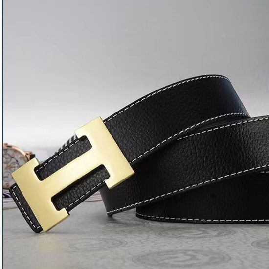 メンズベルト 本革大型バックル付きステッチデザインメンズベルト