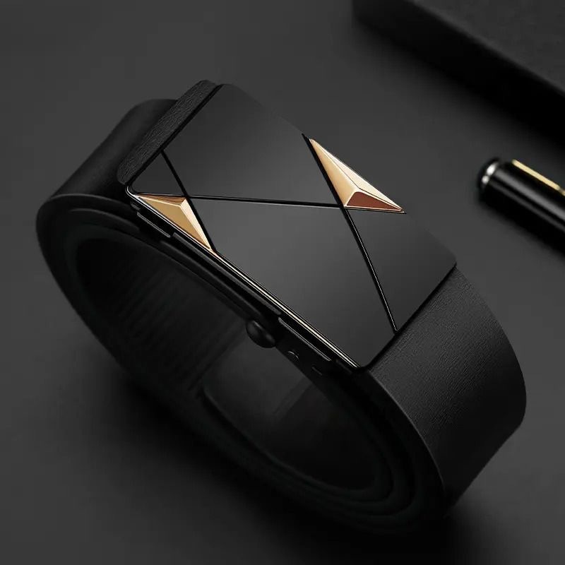 メンズベルト 幾何学模様バックル本革ビジネスベルト