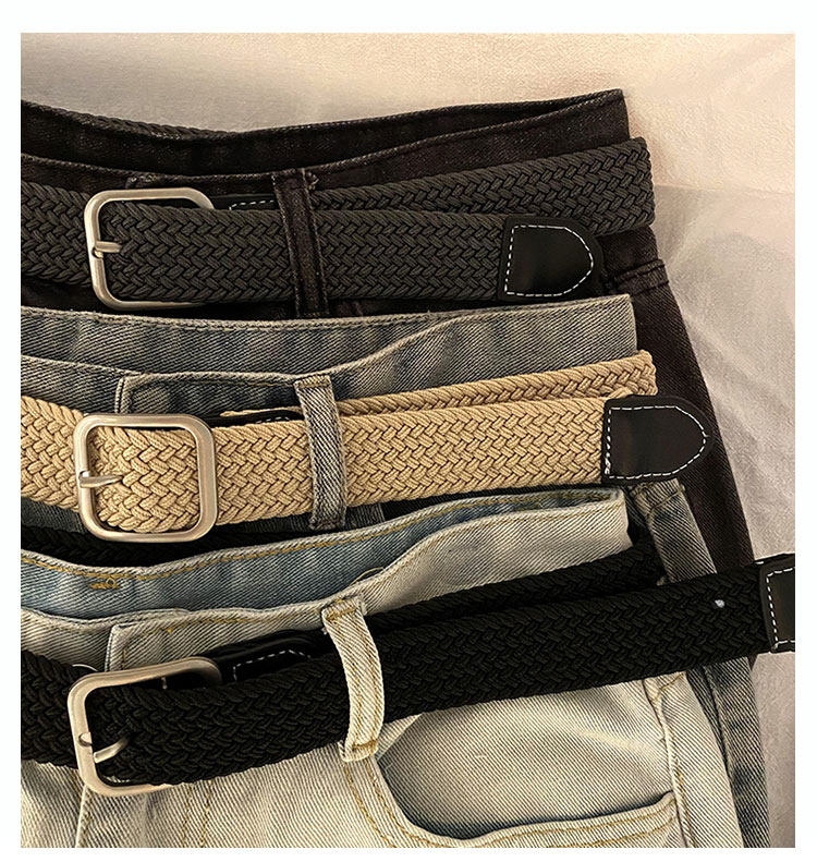 メンズベルト 編み込みメッシュベルト金属バックル本革タブ付き