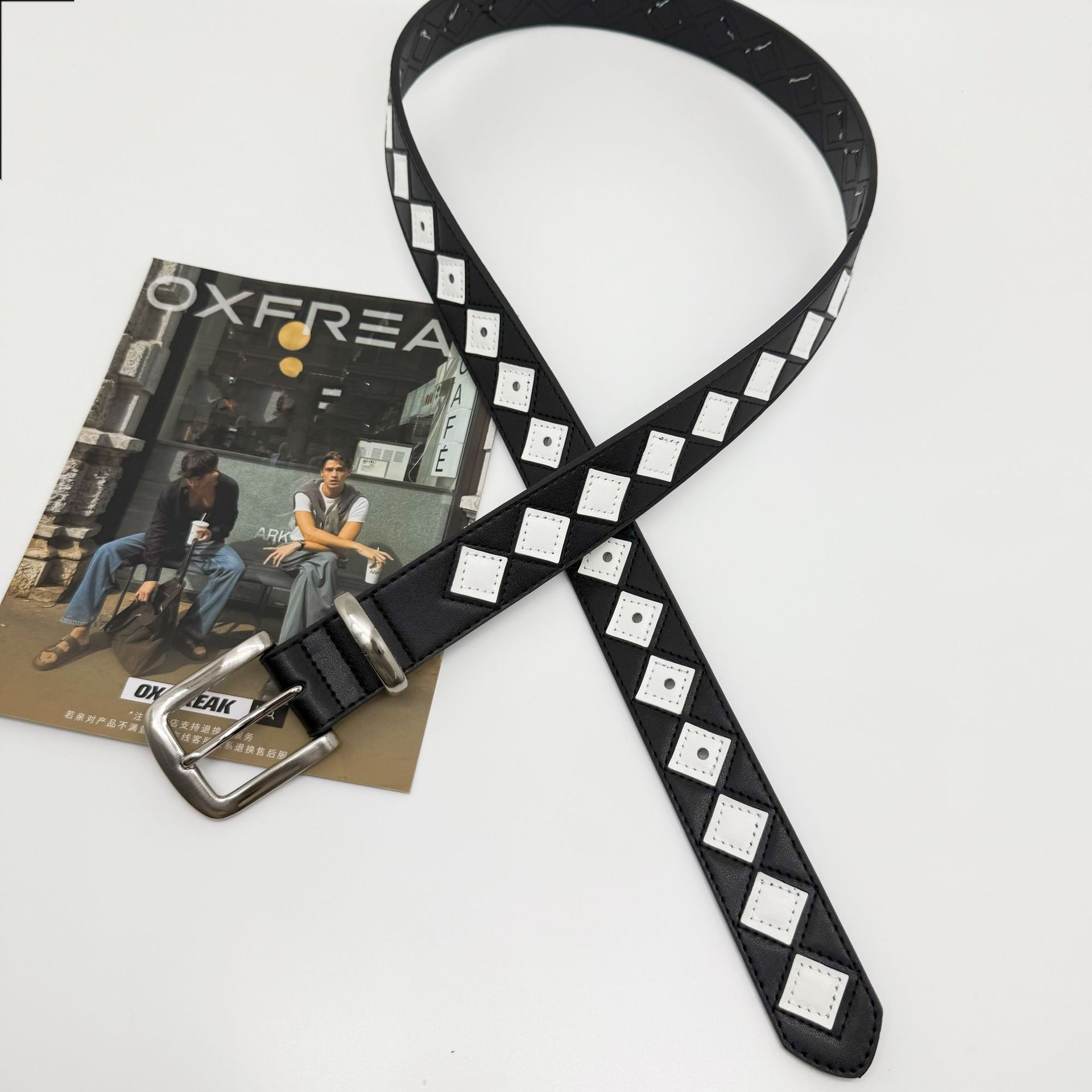 メンズベルト 市松模様デザイン本革仕様メンズベルト