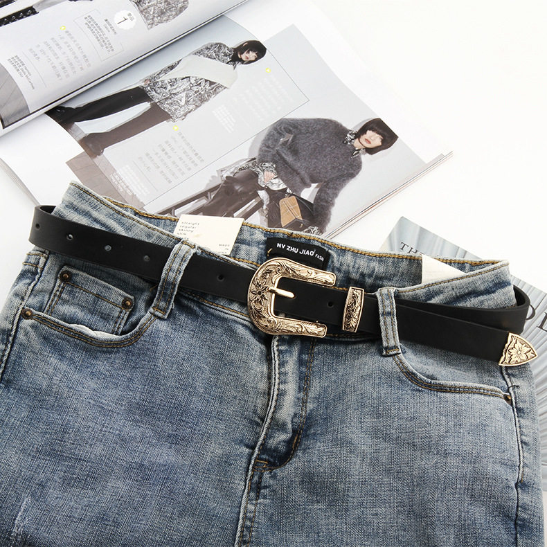 メンズベルト 西部風装飾金具付き本革細身ベルト