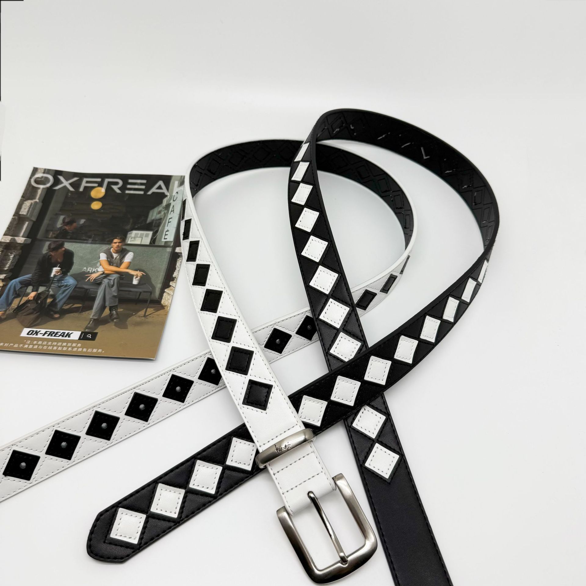 メンズベルト 市松模様デザイン本革仕様メンズベルト