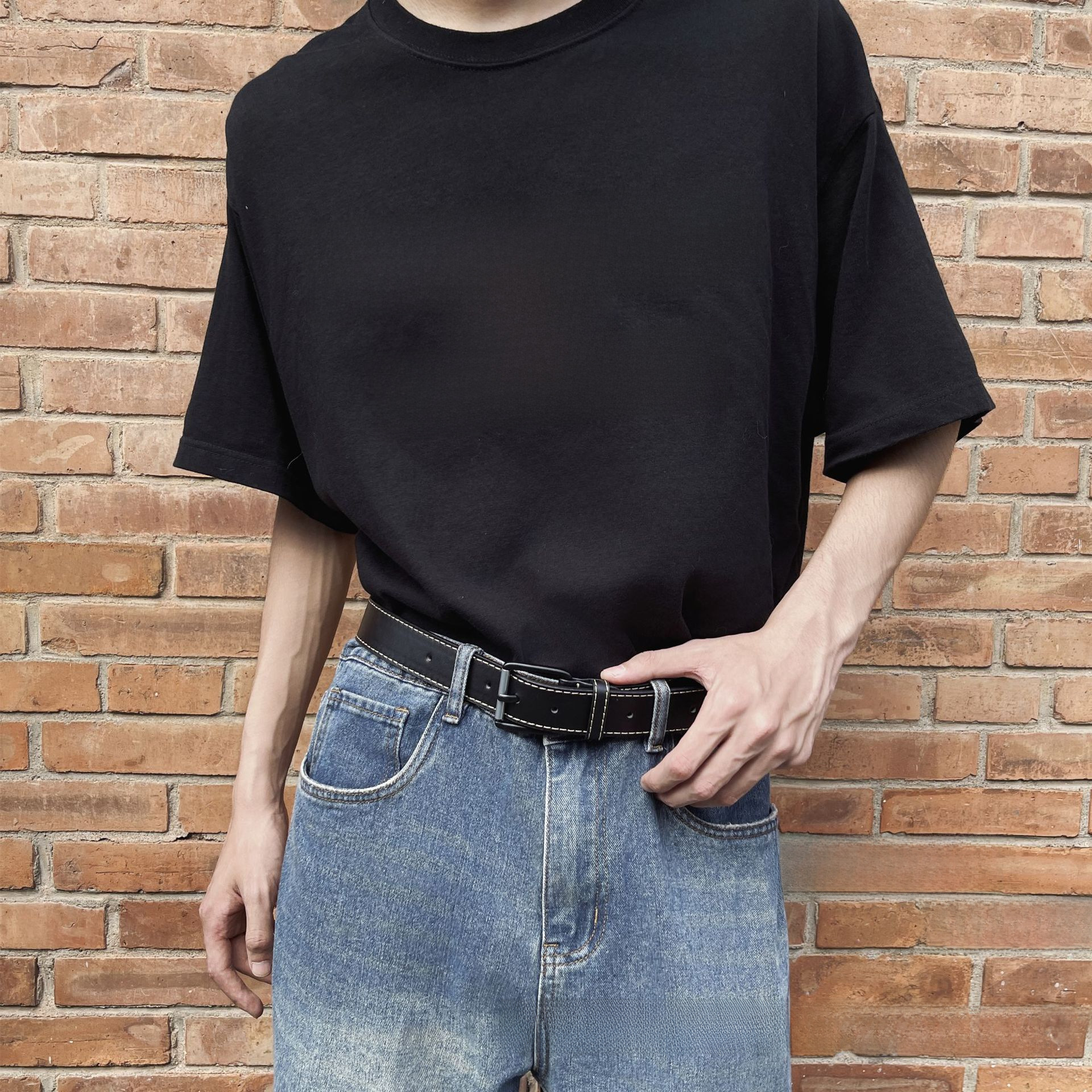 メンズベルト 本革製コントラストステッチデザインベルト